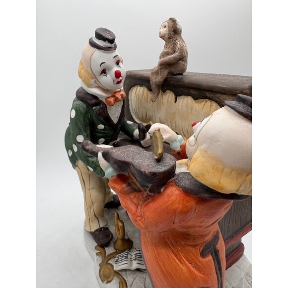 Vintage Clown Music Box Statue Two Clowns Monkey Hurdy Gurdy Circus Decor 9” - Picture 5 of 12